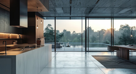 Elegant minimalist industrial kitchen room, modern architecture. Generative AI.