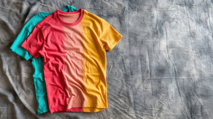 Brightly colored Tshirt laid flat on a textured linen surface, enhancing the vibrancy of added text or patterns for eyecatching marketing