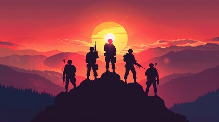 Silhouette of soldiers standing on the top of a mountain with weapons against a sunrise sky background, vector illustration. 