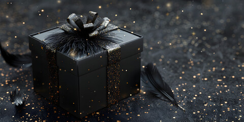 Black gift box on black background representing Black Friday, 
