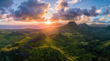 Aerial panoramic of sunset over Le Pouce and Pieter Both mountains