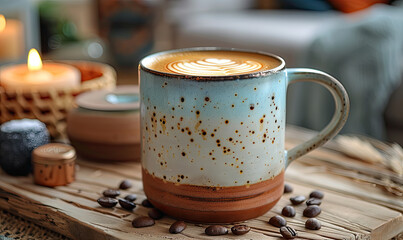 A ceramic coffee cup with latte art on an elegant table in front of beige sofa. Created with Ai