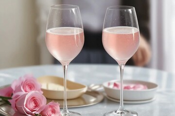 Elegant Celebration: Glasses of Pink and White Champagne on Silver Tray