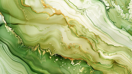 Ultra High Definition Luxurious Marble Texture in Lush Olive Green and Bright Cream Alcohol Ink Waves.