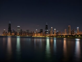 View of Chicago skyline and lake by night