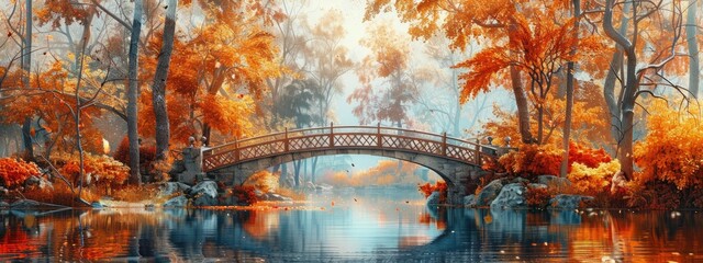 Autumn nature landscape. Lake bridge in fall forest