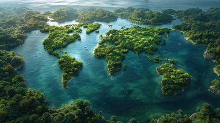 Aerial view of an emerald green lake surrounded by dense forest. Created with Ai