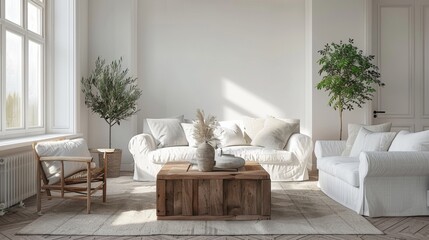 High-resolution 3D image of a fresh, airy Scandinavian living room with a cubic wooden coffee table, white sofa, and armchairs under bright morning light.