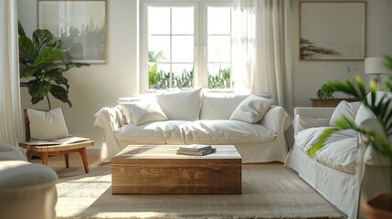 Fototapeta premium High-resolution 3D image of a fresh, airy Scandinavian living room with a cubic wooden coffee table, white sofa, and armchairs under bright morning light.