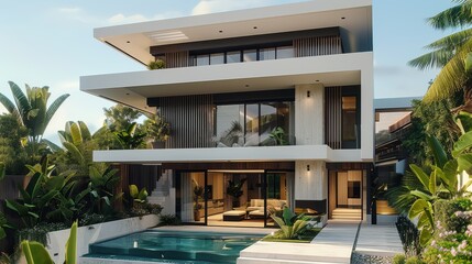 Obraz premium Modern villas. Architecture features clean lines and elegance, blending minimalist and contemporary elements. Exterior maintains simplicity and sleekness with unique. Generative AI.
