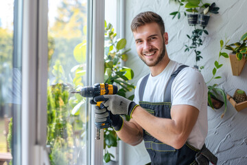 A young man in overalls is using an electric drill to open the window on which he has hung glass panels