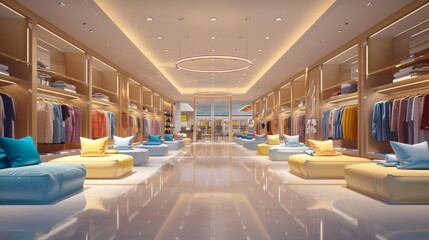 High-resolution 3D image of a casual wear section in a department store featuring a clean, organized layout with spotlights that provide a bright atmosphere.
