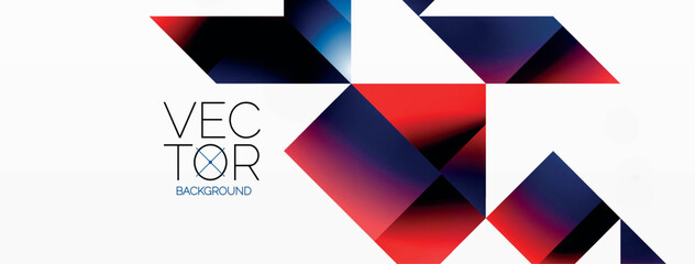 A pattern of azure, violet, and magenta shapes like rectangles and triangles create a geometric background with the word vector written in a stylish font