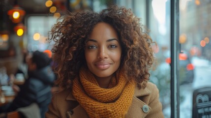 Aesthetic close-up of an attractive young woman with curly hair, exuding warmth and confidence
