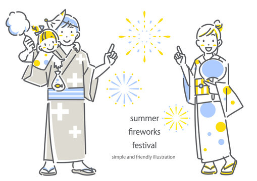 夏祭り　花火大会を楽しむ若い家族　シンプルでお洒落な線画イラスト
