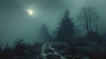 Moonshine, Cyan Color, foggy, spooky atmosphere. Generative AI.