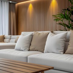 Emphasizing the contrast  white sofa upholstery against textured wooden coffee table surface