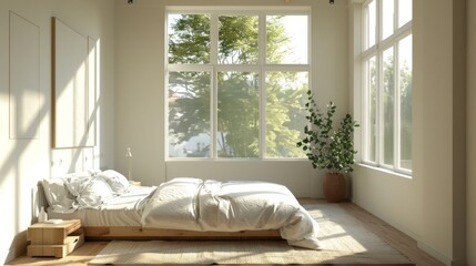 Detailed 3D image of a minimalist bedroom with sleek, modern furniture and large windows allowing bright afternoon sunlight to illuminate the space.