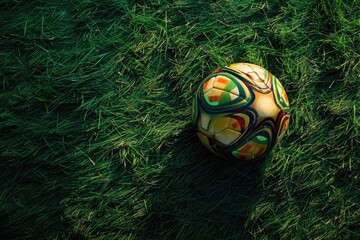 A multi-colored soccer ball casts a soft shadow on the textured grass during a sunset, evoking the joy of sports