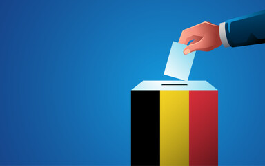 Celebrate democracy in Belgium with this image template featuring a voting box painted in the colors of the Belgian flag, election day, copy space for customized messaging or event details