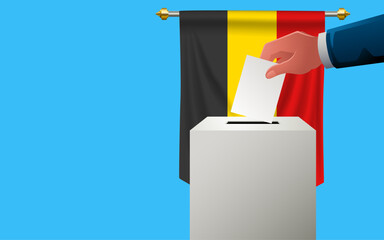 Celebrate democracy in Belgium with this image template featuring a voting box with Belgium banner in the background, election day, copy space for customized messaging or event details