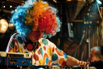 Eccentric DJ with multicolored wig and sunglasses spinning tunes in a club, emanating quirky vibes