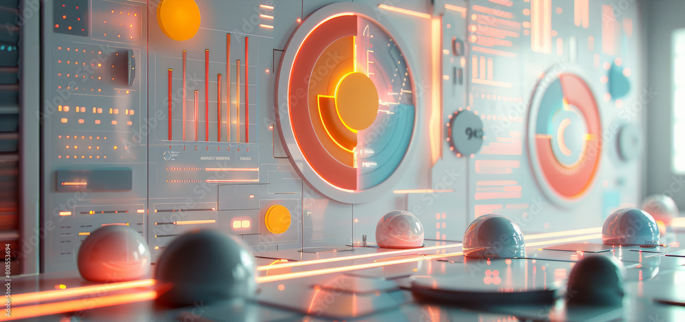 Aufkleber Multiple content plates, chart data comparison, retro futuristic style, minimalism, minimalist color matching, 3D element. Generative AI.
