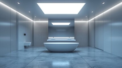 Detailed 3D image of a minimalist bathroom with recessed ceiling lights and a large, frameless mirror reflecting clean, bright light.