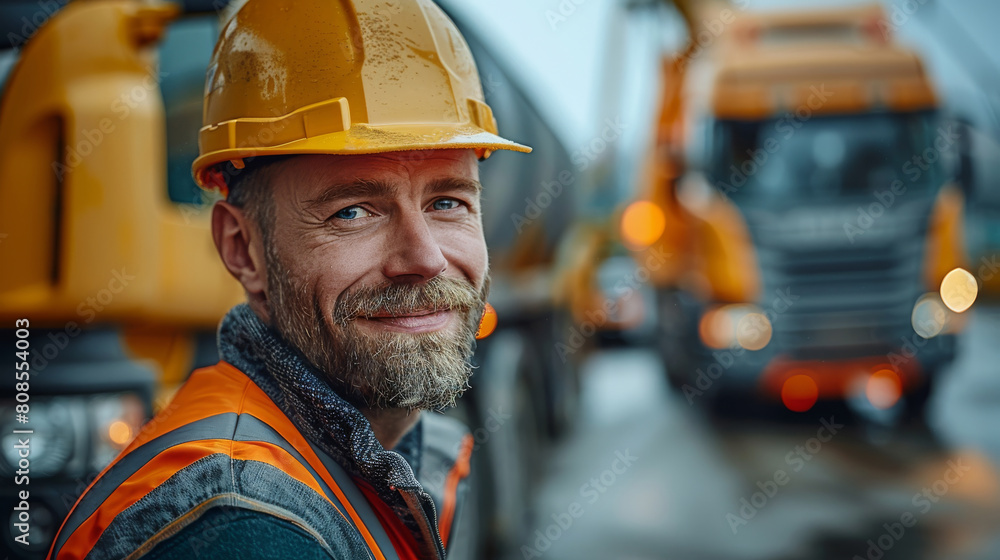 Aufkleber happy engineer standing in front on his truck and looking at camera. generative ai.