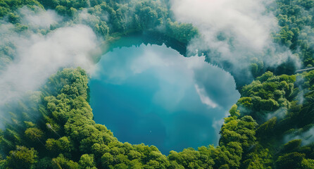 Overhead view of an aerial shot of the pond in forest, with its blue water and green vegetation