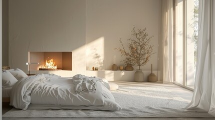Detailed 3D illustration of a simple yet elegant Scandinavian bedroom with a functional fireplace, complemented by minimalistic furniture and clear, serene lighting.