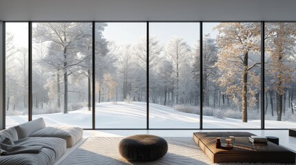 Detailed 3D illustration of a Scandinavian lounge with a stark black window, through which a snowy forest scene is visible.
