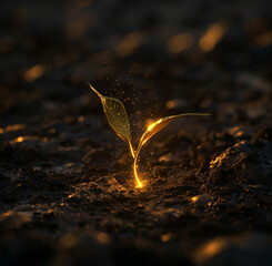 a golden seed germinating from the ground, made only by golden shiny lines.