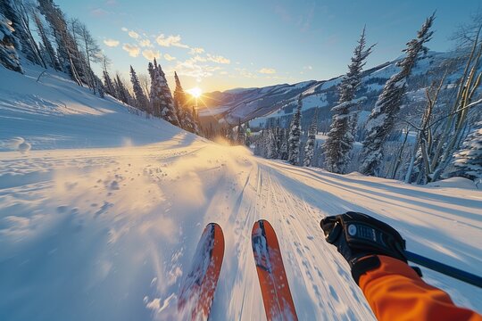 action cam pov footage skiing downhill in the winter mountains