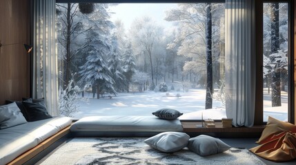 Detailed 3D illustration of a Scandinavian guest room with simple elegance, a black window, and a picturesque winter forest view.