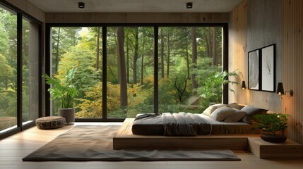 Detailed 3D illustration of a Scandinavian bedroom with a contemporary feel, the black window providing a panoramic forest view that complements the room tranquility.