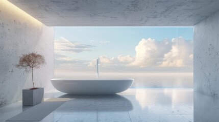 Detailed 3D illustration of a modern minimalist bathroom with a long, narrow window providing a view of the sky, enhancing the clean, streamlined design.