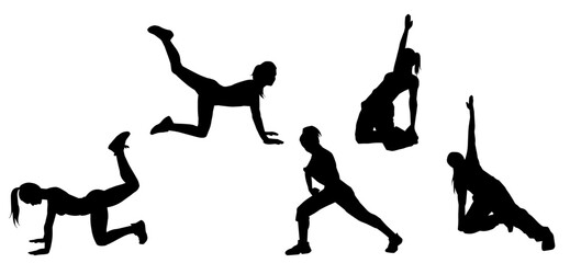 Silhouette collection of sporty woman doing gym workout. Silhouette group of female doing aerobic movements.