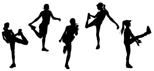Silhouette collection of sporty woman doing gym workout. Silhouette group of female doing aerobic movements.