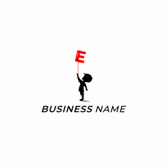 design logo creative letter E and boy play ballon