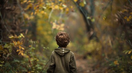 Naklejka premium A lonely boy explores the rural forest.