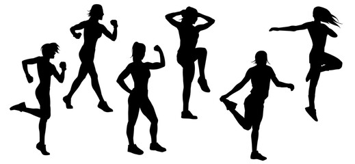 Silhouette collection of sporty woman doing gym workout. Silhouette group of female doing aerobic movements.