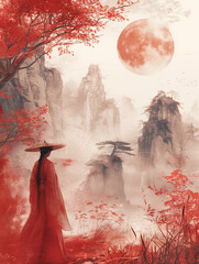 Hanfu-clad Figure in Red Landscape