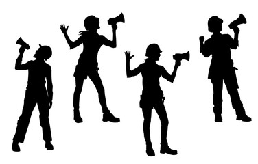 Silhouette collection of female workers in pose carrying bullhorn or loudspeaker tool
