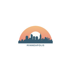Minneapolis USA United States of America, city skyline logo. Panorama vector flat US Minnesota state icon, abstract shapes of landmarks, skyscraper, panorama, buildings at sunrise, sunset