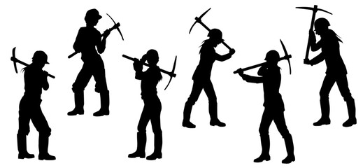 Silhouette collection of female construction worker in action pose with pick axe tool. 