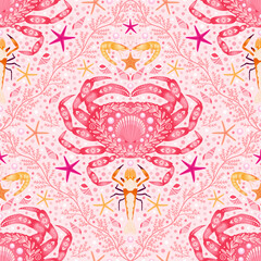 red crab, crustaceans seamless pattern. emperor shrimp, shell, conch, pearl, starfish, shrimp background. marine life or sea animals pattern. good for fashion design, wallpaper, fabric, textile.