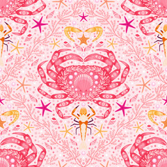 red crab, crustaceans seamless pattern. emperor shrimp, shell, conch, pearl, starfish, shrimp background. marine life or sea animals pattern. good for fashion design, wallpaper, fabric, textile.