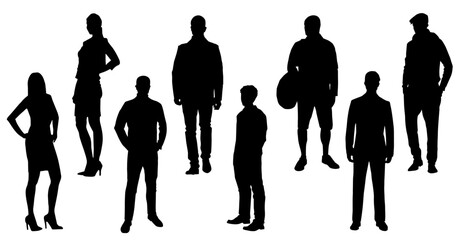 Silhouette group of fashionable people in standing pose. Silhouette collection of business people man and woman