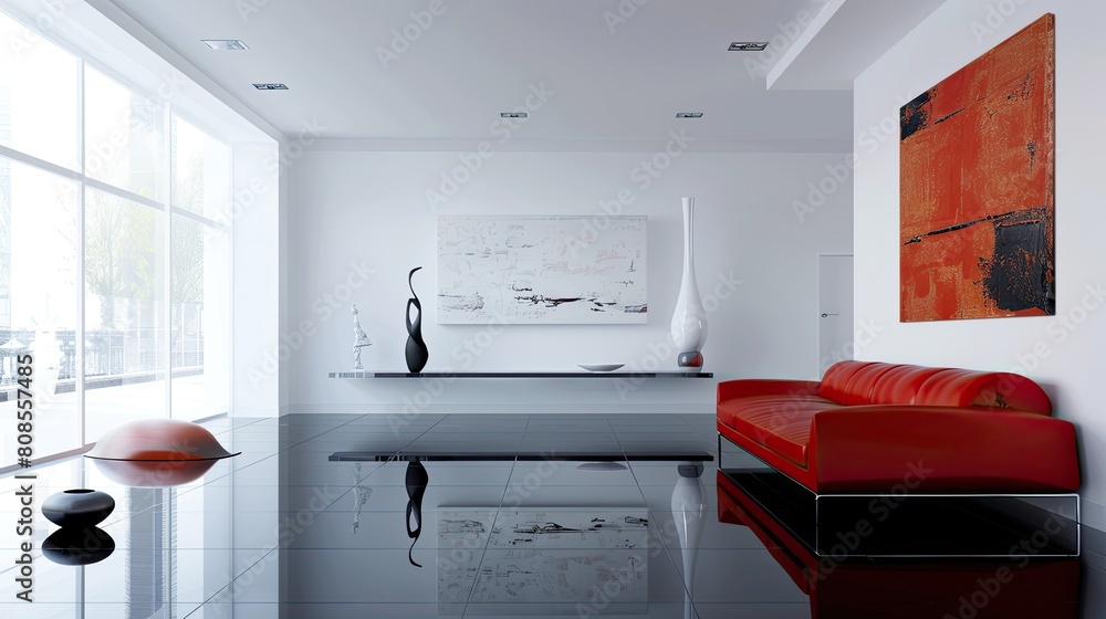 Wall mural a contemporary living room with a high gloss black floor, white walls, and a bold red sofa that prov